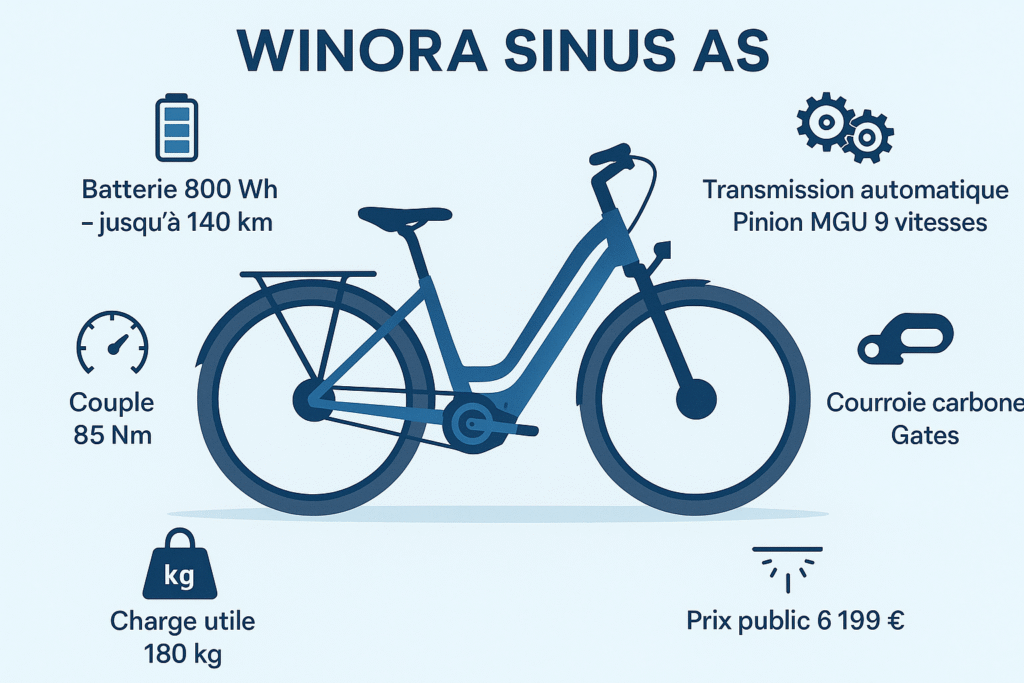Infographie illustrant les points-clés du Winora Sinus AS : moteur Pinion MGU auto-shift, batterie 800 Wh, courroie Gates CDX entretien minime, couple 85 Nm pour des démarrages vifs