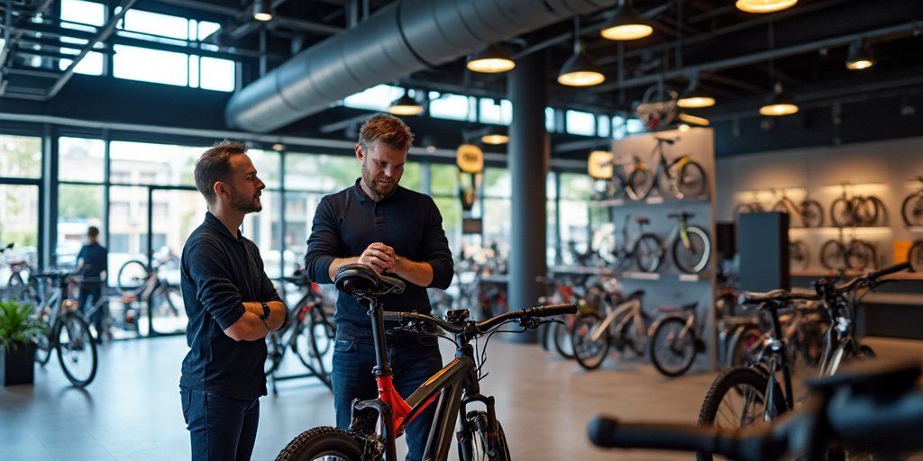 Conseiller de vélo à Dijon présentant le prix d'un vélo gravel en carbone gris à un client intéressé dans une ambiance chaleureuse de magasin spécialisé