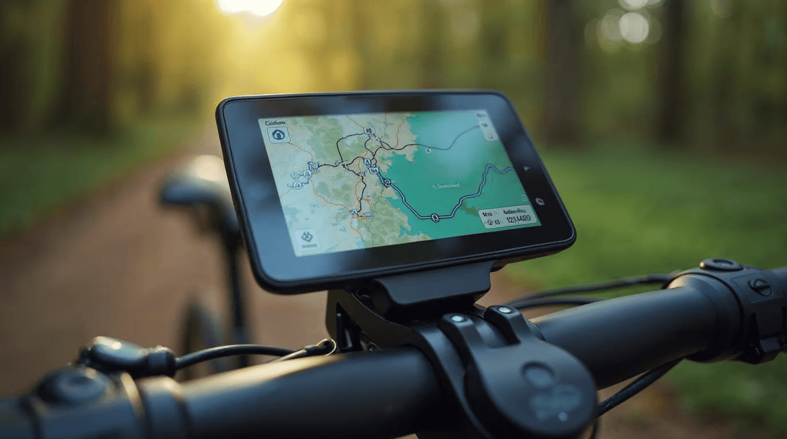 GPS vélo compteur sur guidon affichant itinéraire